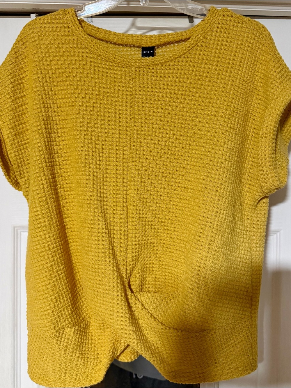 SHEIN Mustard Yellow Short-Sleeve Twist-Front Textured Top